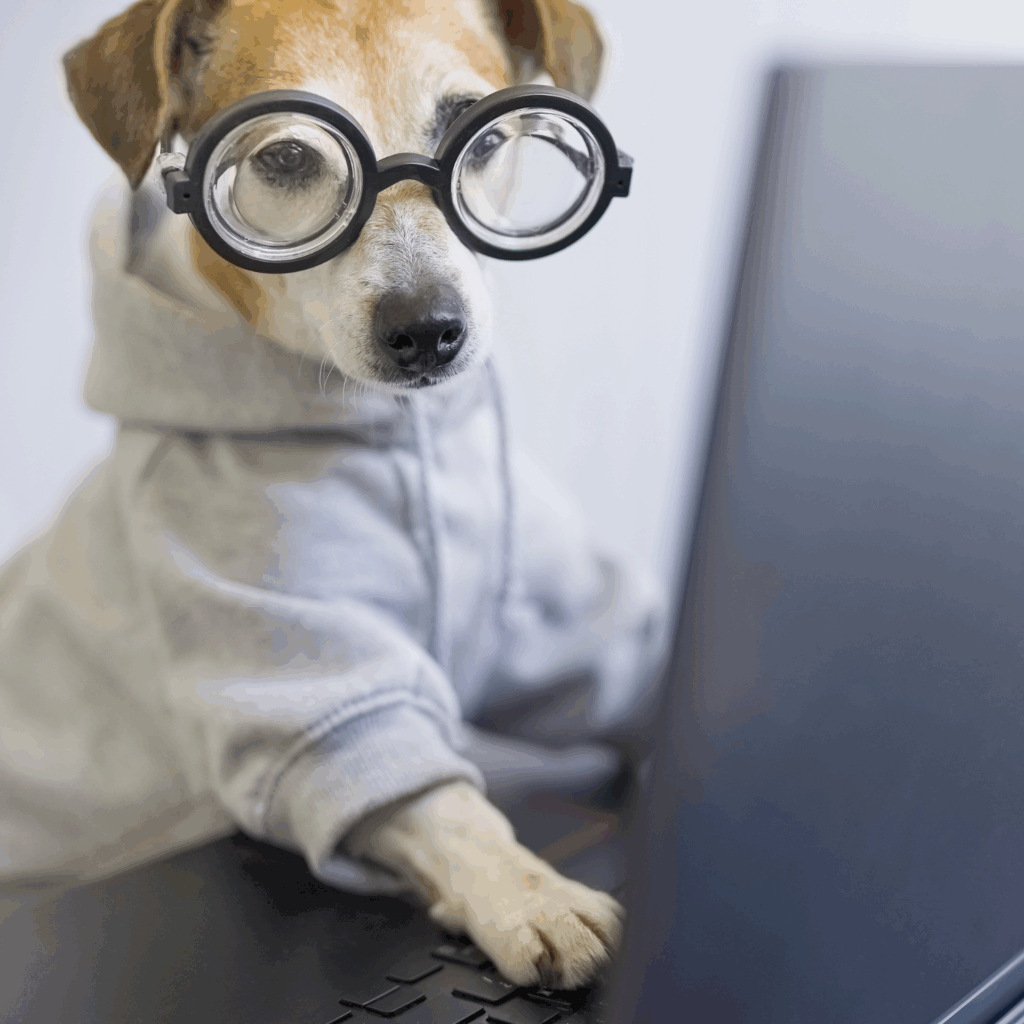 dog in glasses on laptop