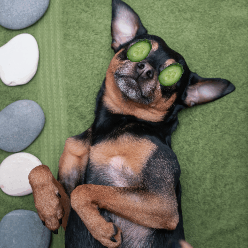 dog on its back with cucumbers on his eyes next to massage stones