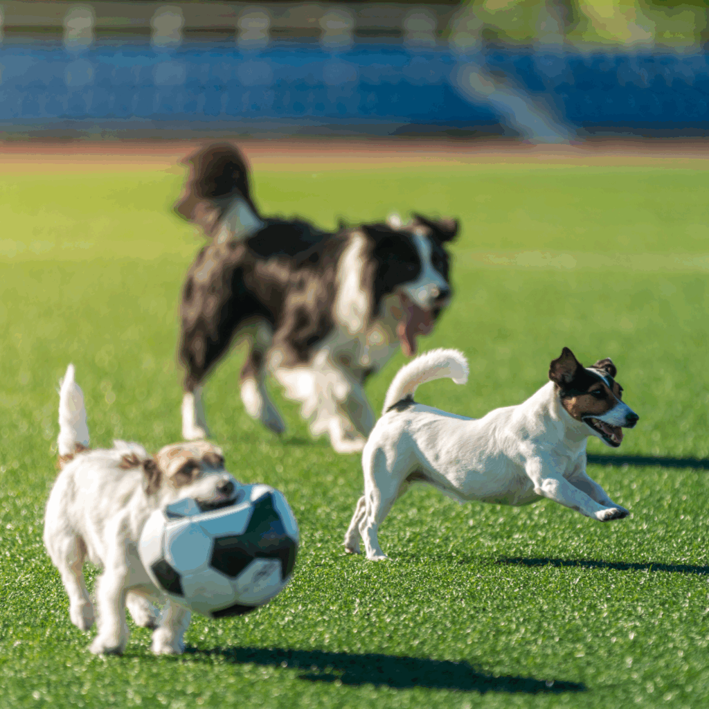 three dogs playing with a soccer ball