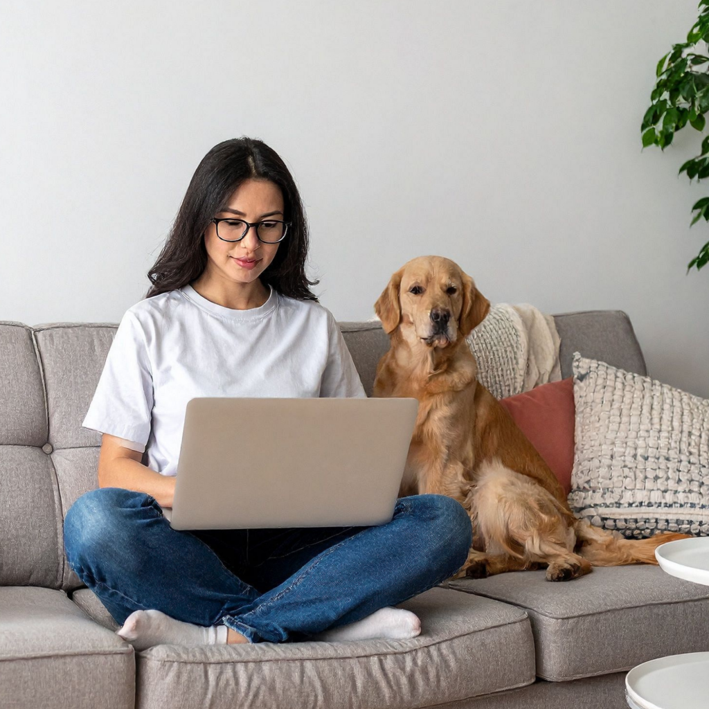 a woman sittong on a couch with her laptop and golden retriever sat beside her